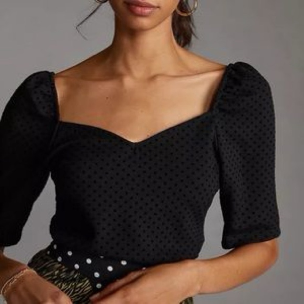 Maeve Puffed Sleeve Black Polka Dot Top